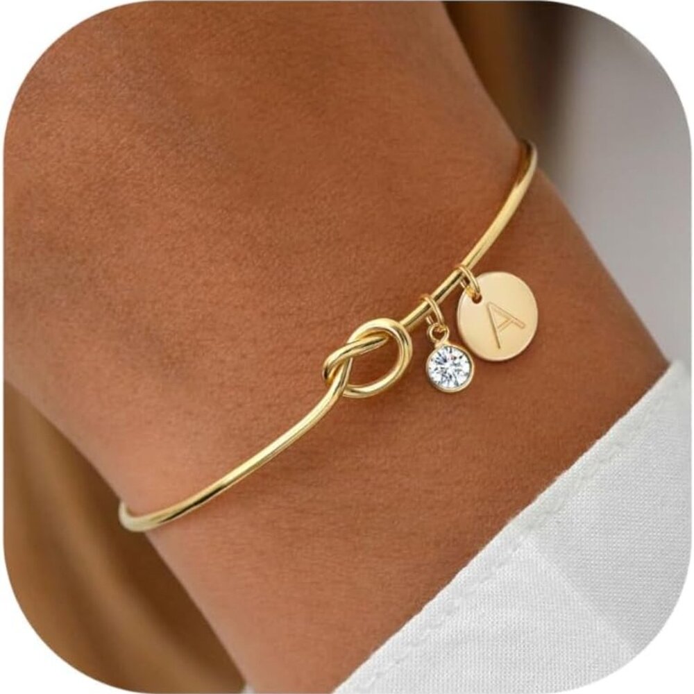 Personalized Initial Birthstone Cuff Bangle Brace… - image 1